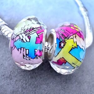 Graffiti Art Glass Faceted Murano Charms fits PANDORA Multi-Color Abstract 2pc